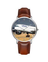 Thumbnail for Lutfhansa A350 Printed Leather Strap Watches Aviation Shop Silver & Brown Leather Strap 