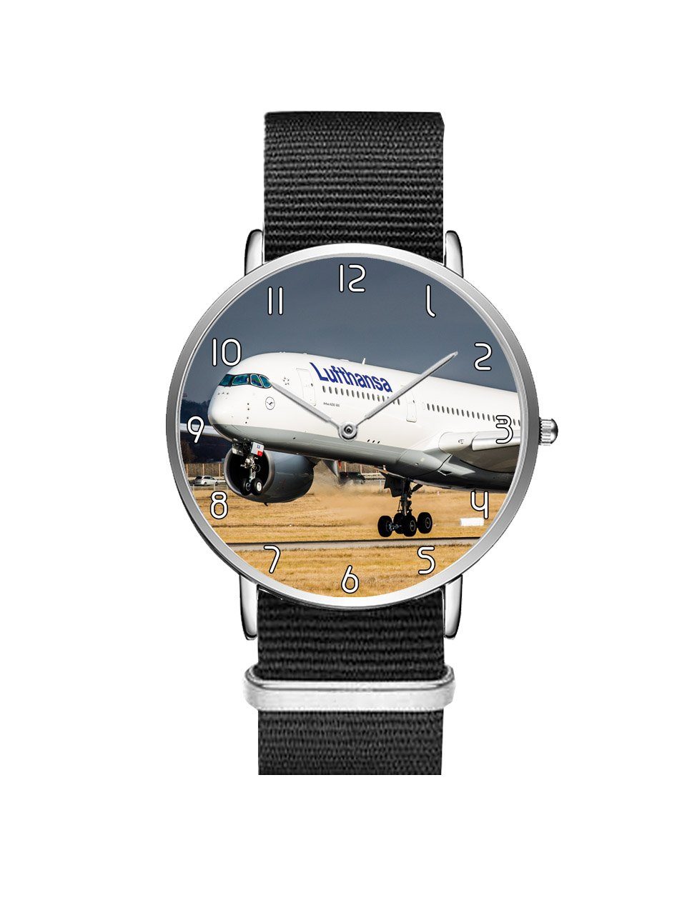 Lutfhansa A350 Printed Leather Strap Watches Aviation Shop Silver & Black Nylon Strap 
