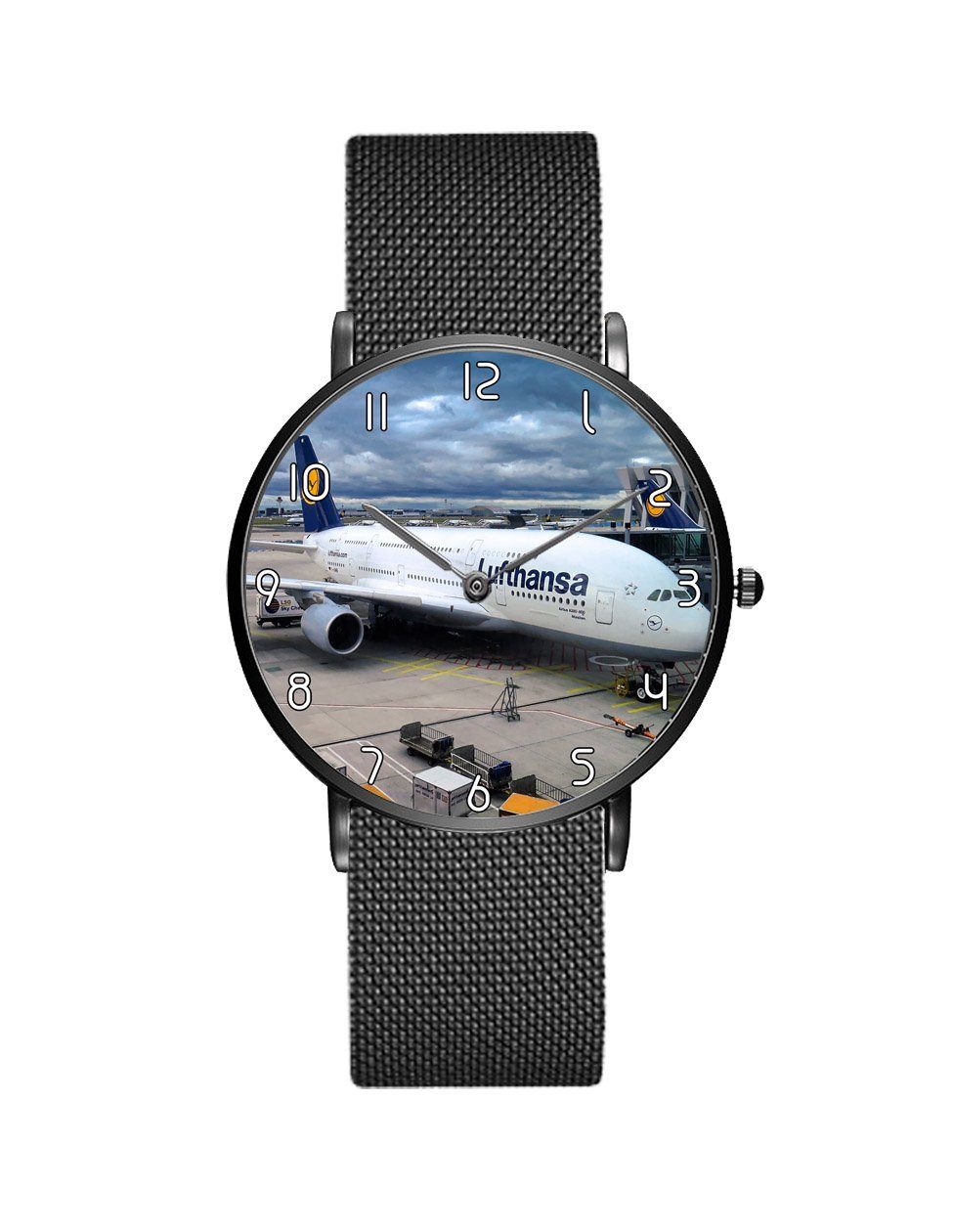 Lufthansa's A380 At The Gate Stainless Steel Strap Watches Aviation Shop Black & Stainless Steel Strap 
