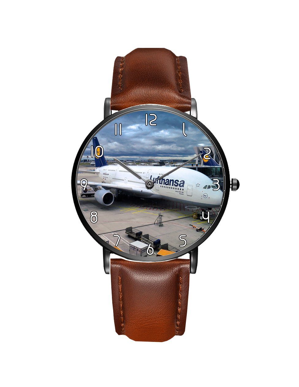 Lufthansa's A380 At The Gate Leather Strap Watches Aviation Shop Black & Black Leather Strap 