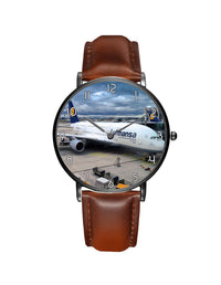 Thumbnail for Lufthansa's A380 At The Gate Leather Strap Watches Aviation Shop Black & Black Leather Strap 