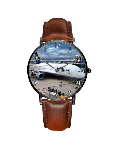 Lufthansa's A380 At The Gate aviation-themed slim watch, polished stainless steel.
