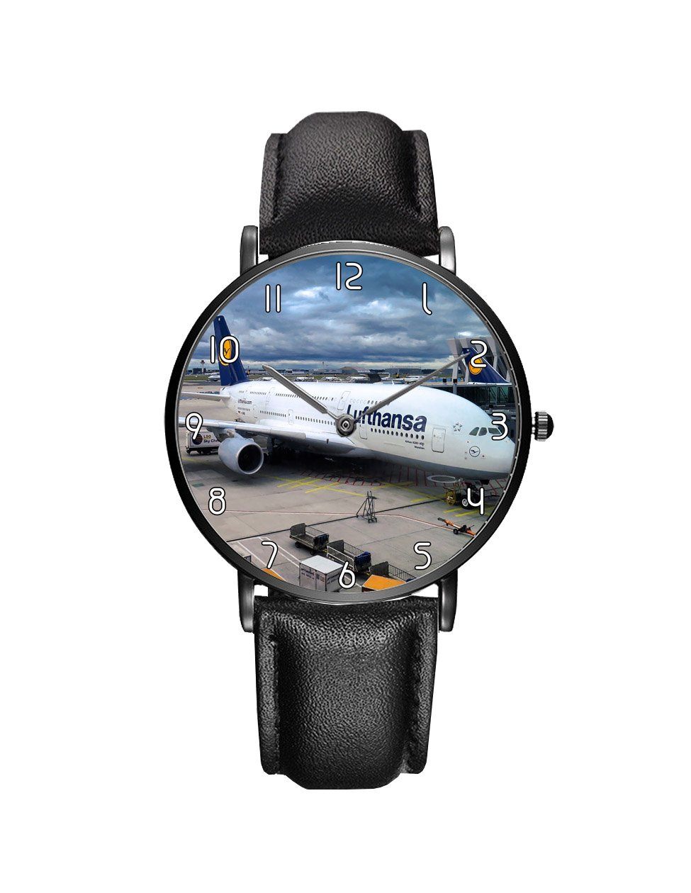 Lufthansa's A380 At The Gate Leather Strap Watches Aviation Shop Silver & Black Leather Strap 