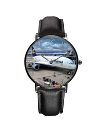 Thumbnail for Lufthansa's A380 At The Gate Leather Strap Watches Aviation Shop Silver & Black Leather Strap 