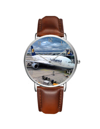 Thumbnail for Lufthansa's A380 At The Gate Leather Strap Watches Aviation Shop Black & Brown Leather Strap 