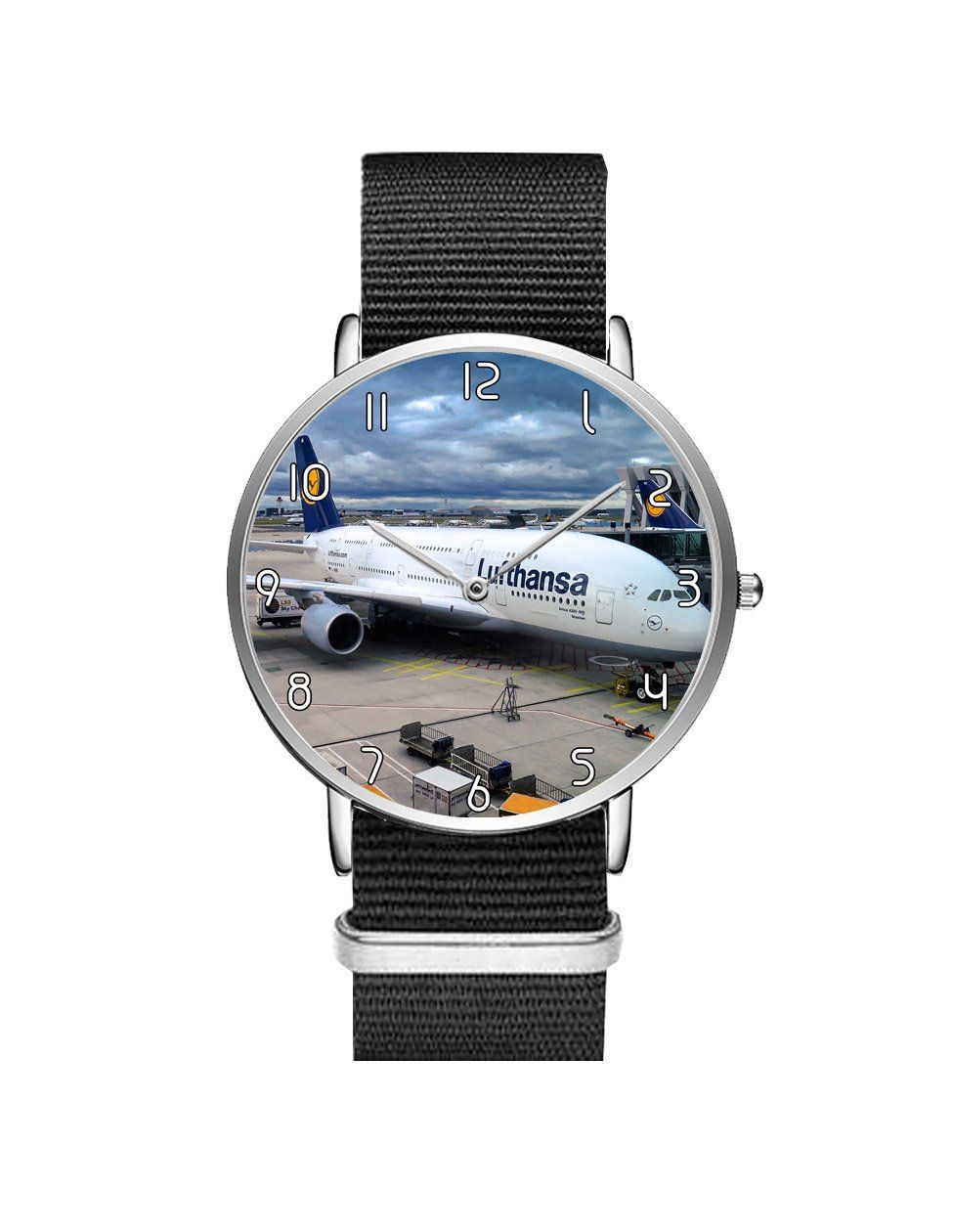 Lufthansa's A380 At The Gate Leather Strap Watches Aviation Shop Silver & Black Nylon Strap 