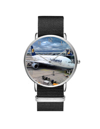 Thumbnail for Lufthansa's A380 At The Gate Leather Strap Watches Aviation Shop Silver & Black Nylon Strap 
