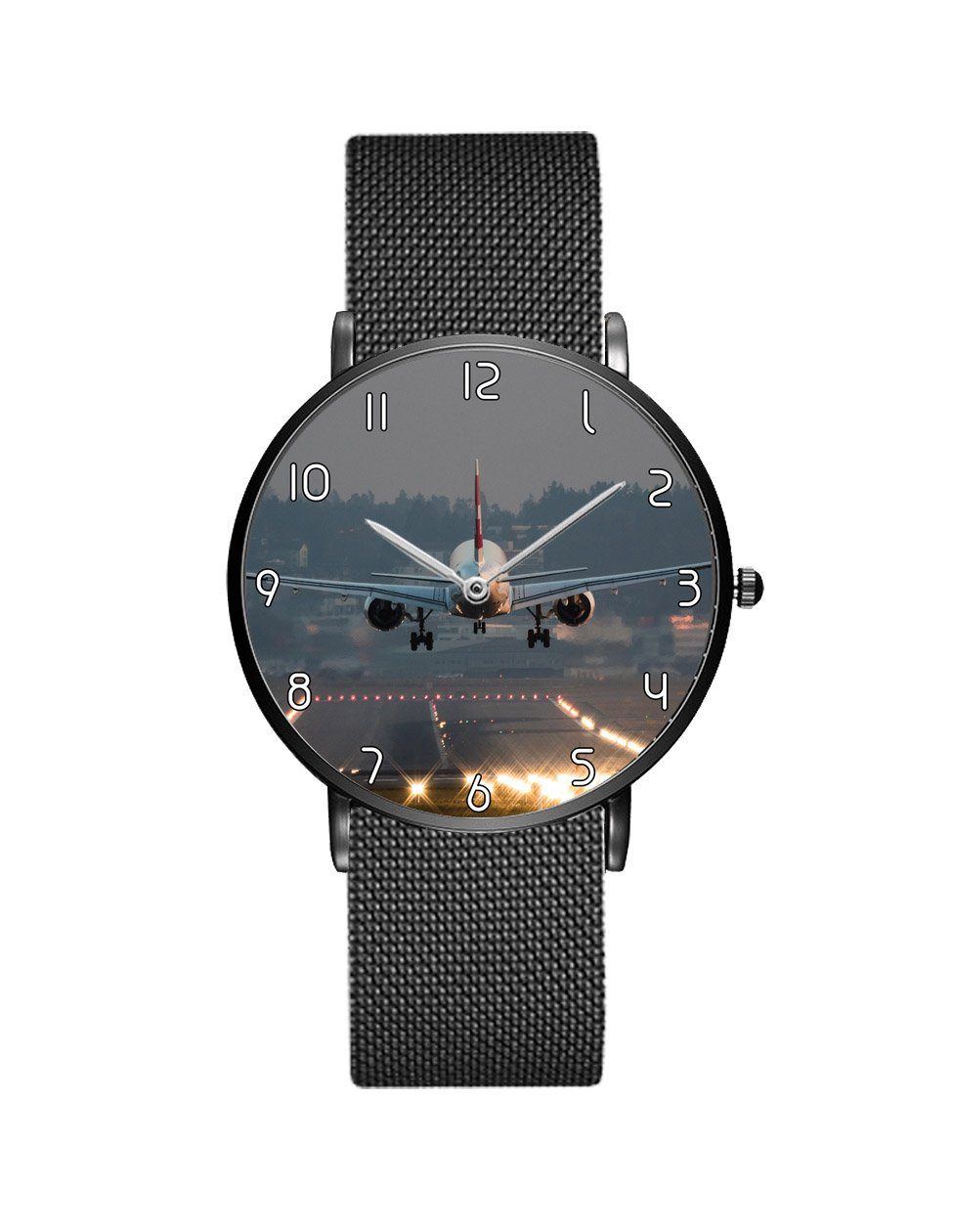 Magnificant Landing Printed Stainless Steel Strap Watches Aviation Shop Black & Stainless Steel Strap 