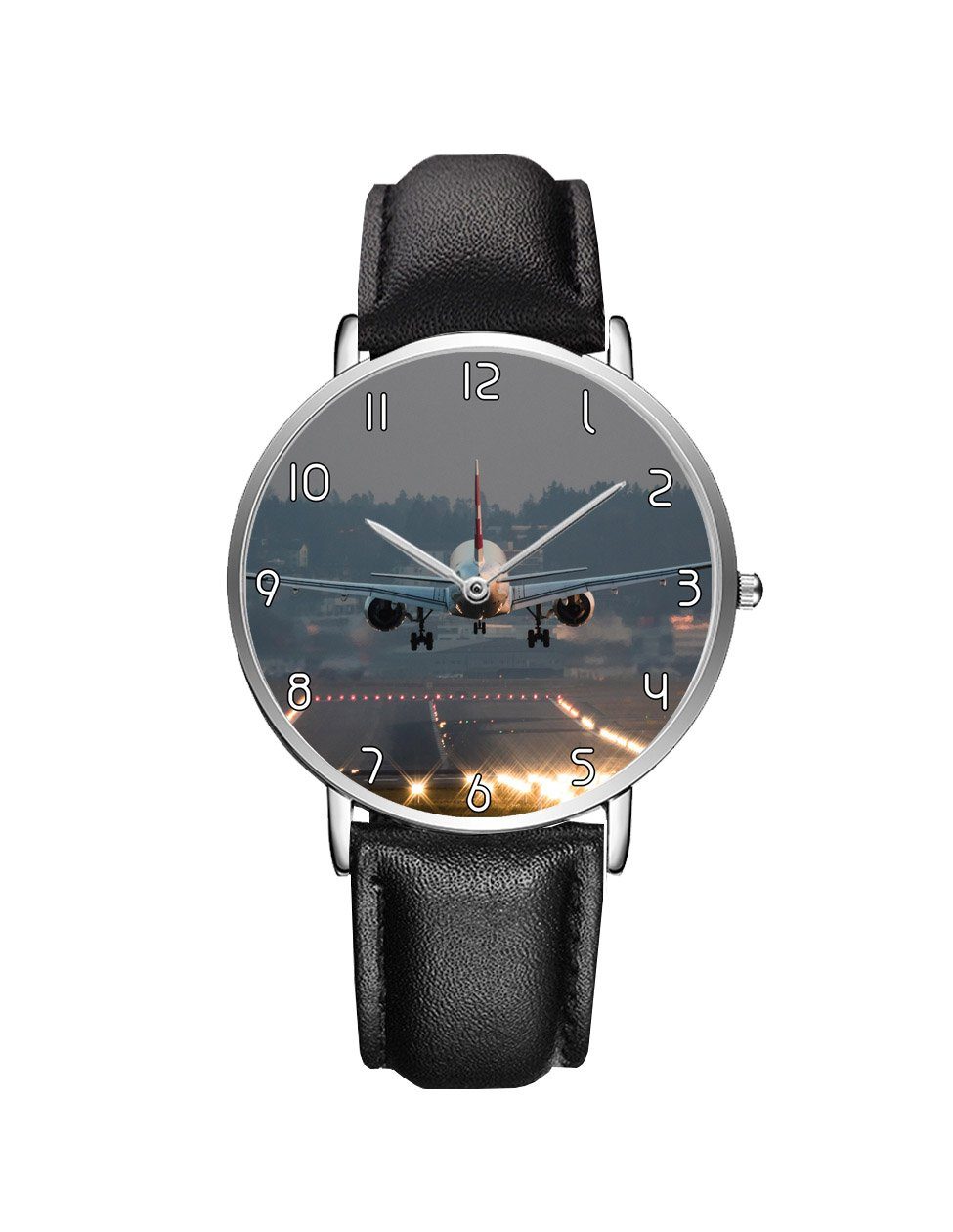 Magnificant Landing Printed Leather Strap Watches Aviation Shop Silver & Black Leather Strap 