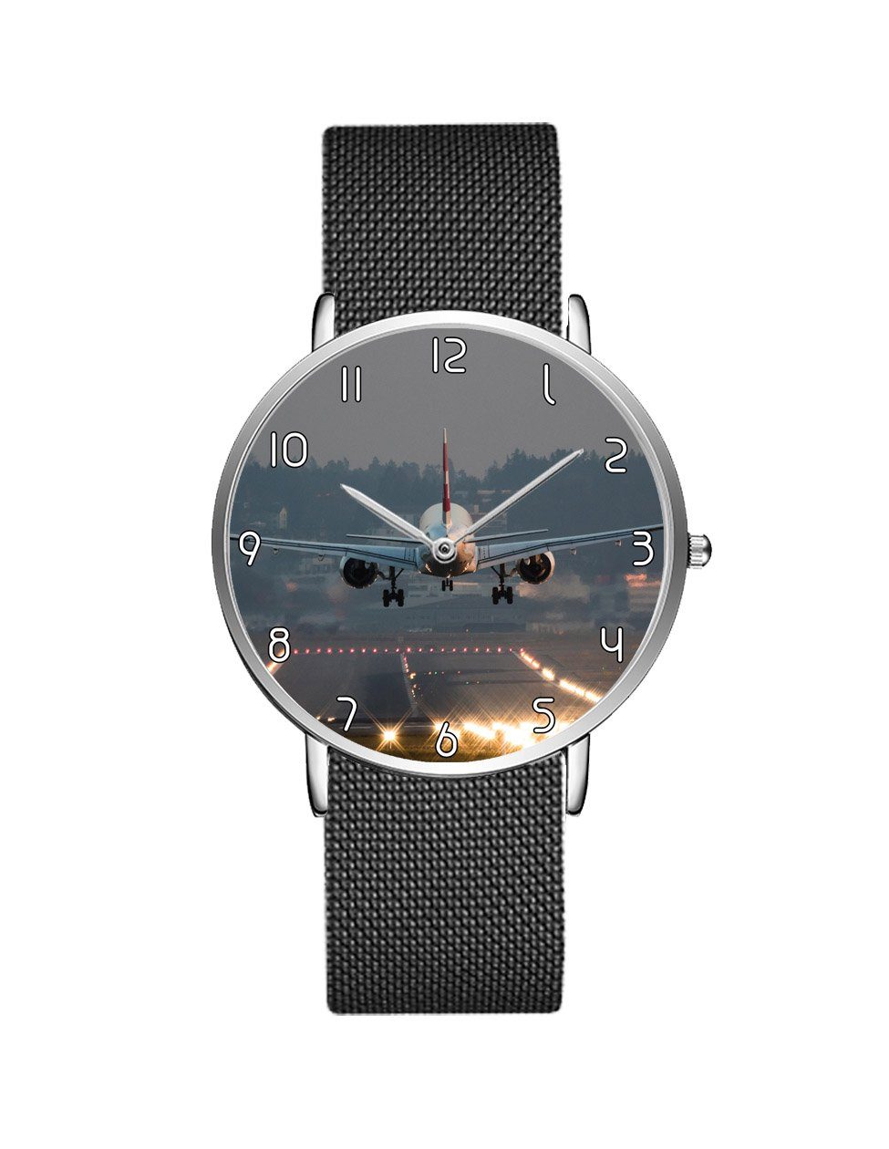 Magnificant Landing Printed Stainless Steel Strap Watches Aviation Shop Silver & Black Stainless Steel Strap 