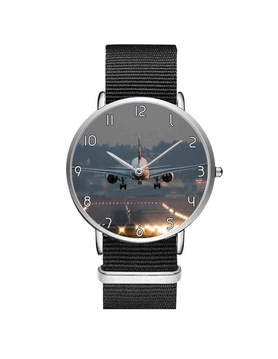 Magnificant Landing Printed Leather Strap Watches Aviation Shop Silver & Black Nylon Strap 