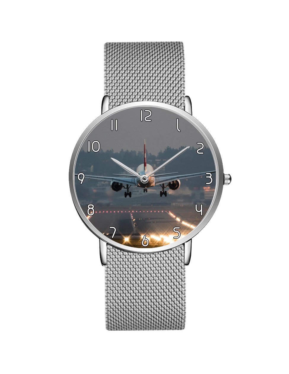 Magnificant Landing Printed Stainless Steel Strap Watches Aviation Shop Silver & Silver Stainless Steel Strap 