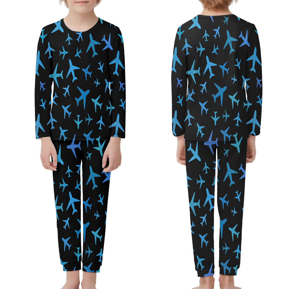 Many Airplanes Black Designed "Children" Pijamas