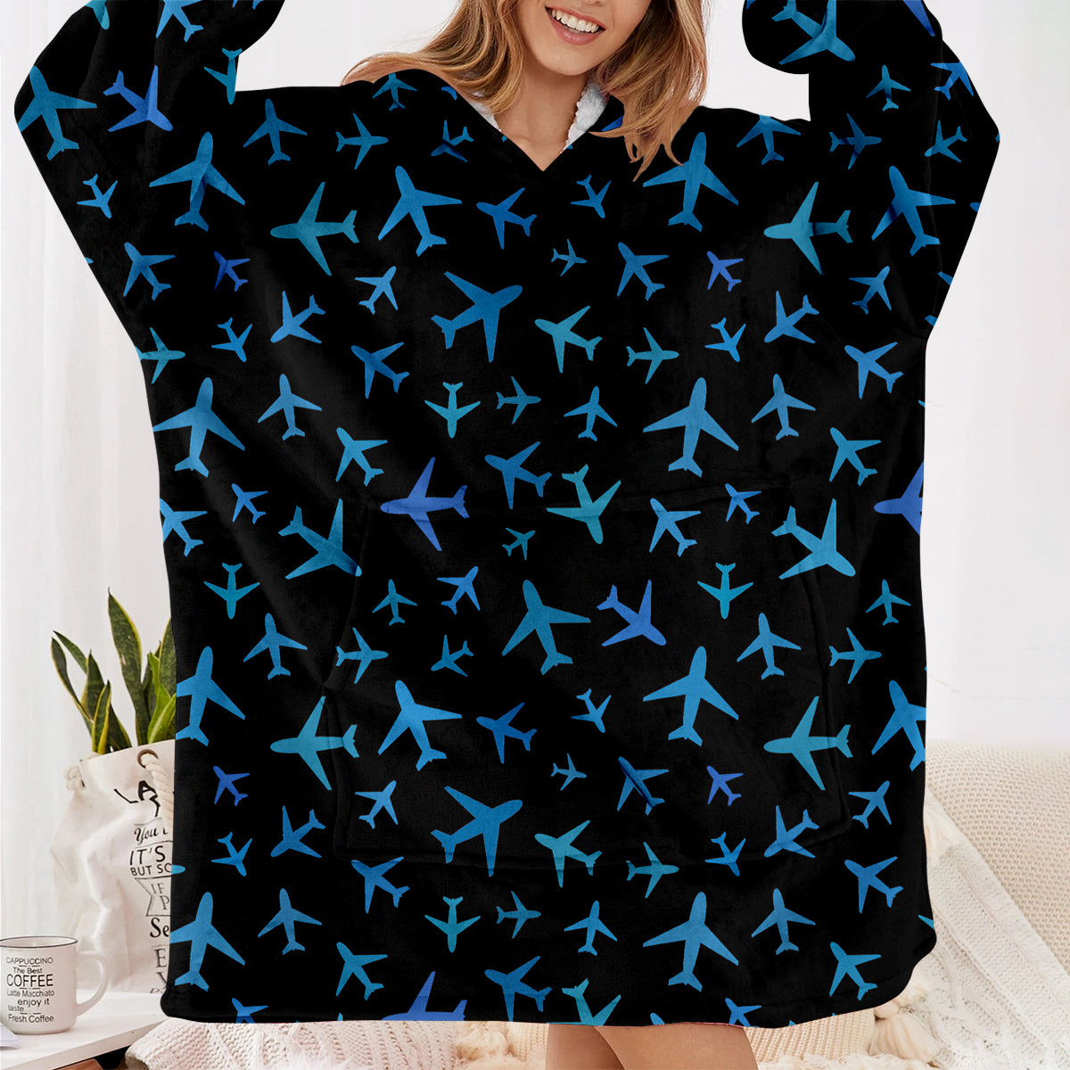 Many Airplanes Black Designed Blanket Hoodies