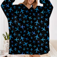 Thumbnail for Many Airplanes Black Designed Blanket Hoodies