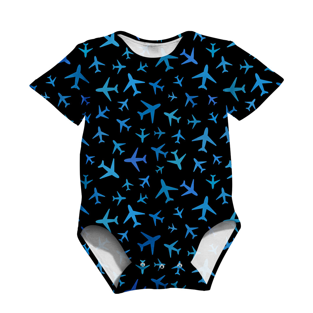 Many Airplanes Black Designed 3D Baby Bodysuits