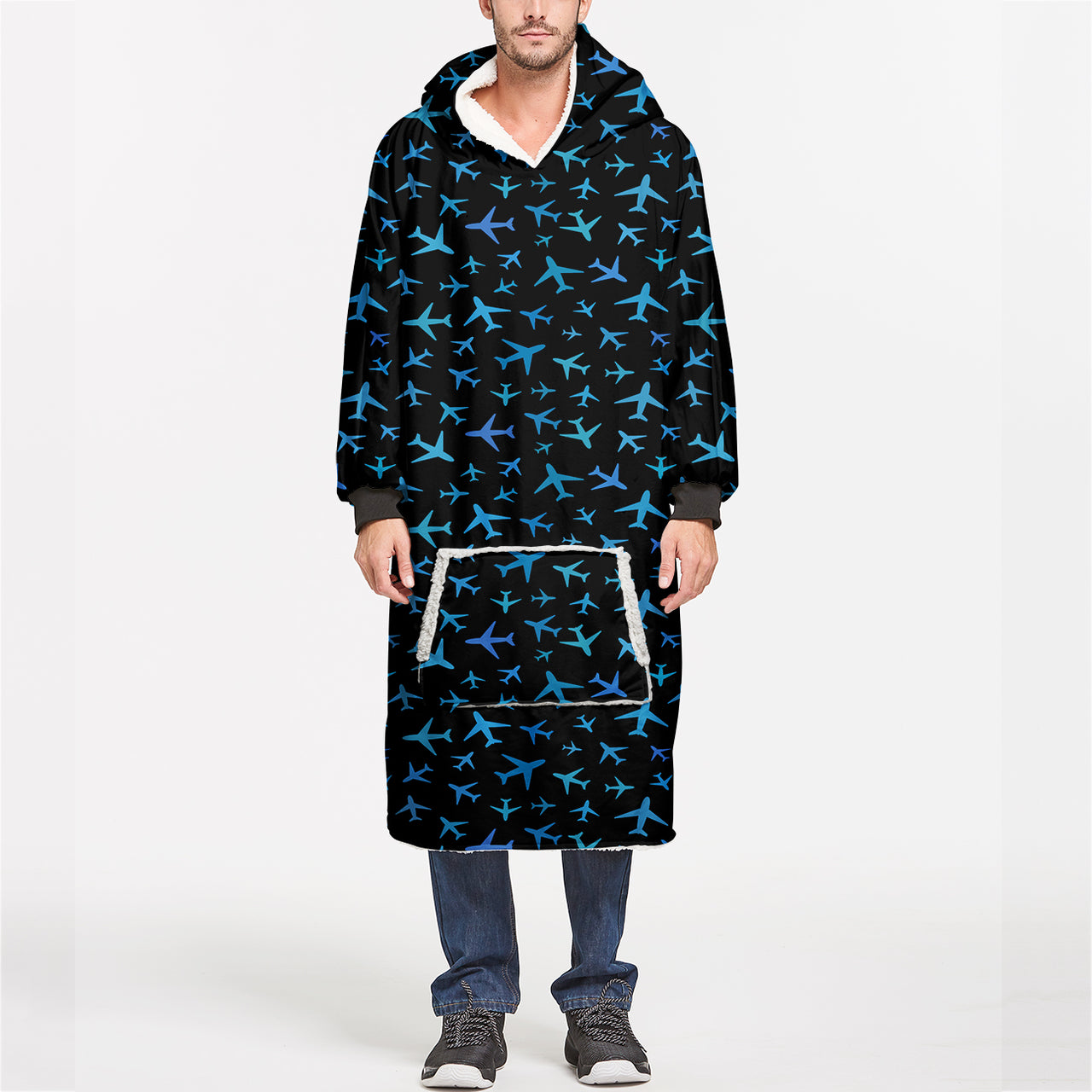 Many Airplanes Black Designed Blanket Hoodies