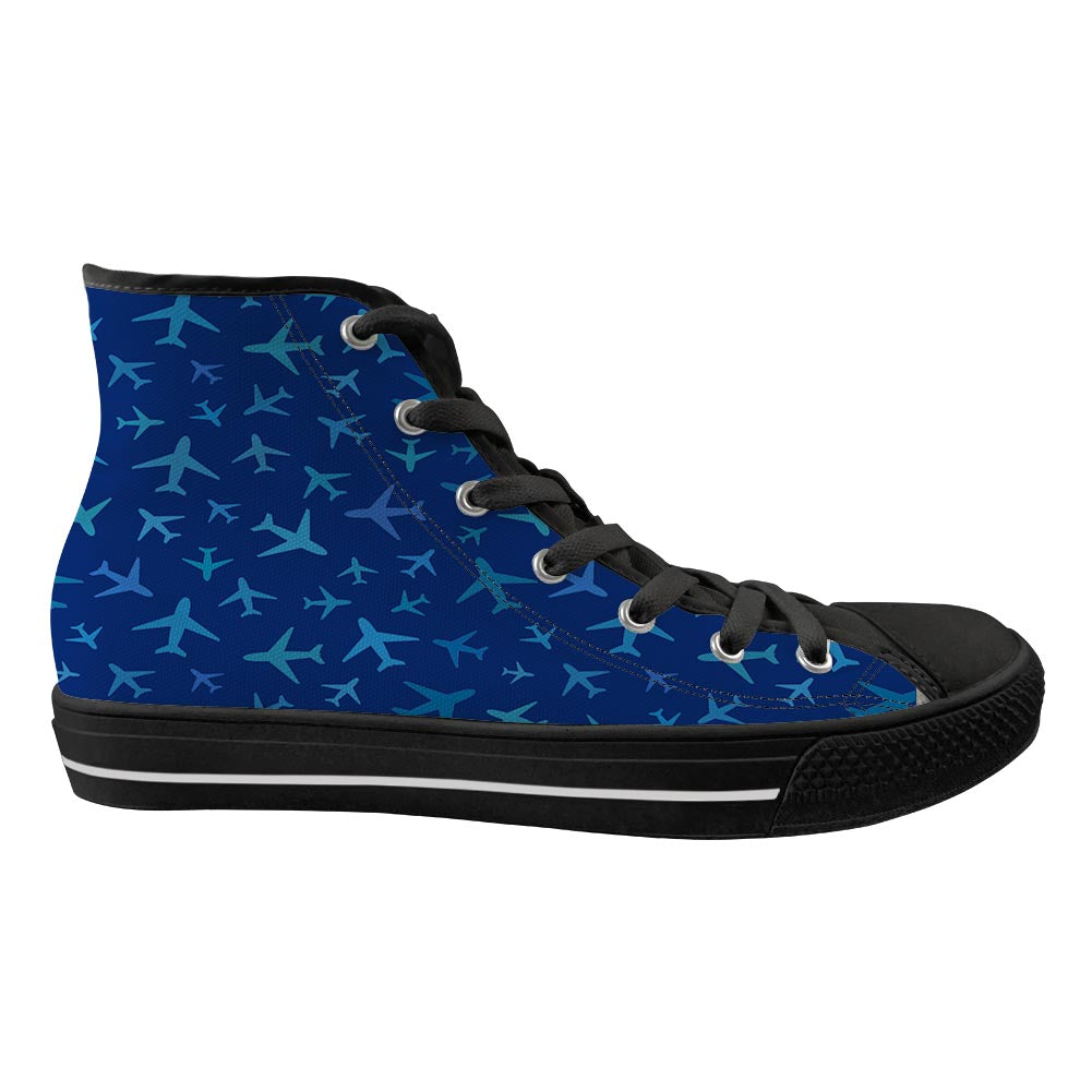 Many Airplanes Blue Designed Long Canvas Shoes (Men)