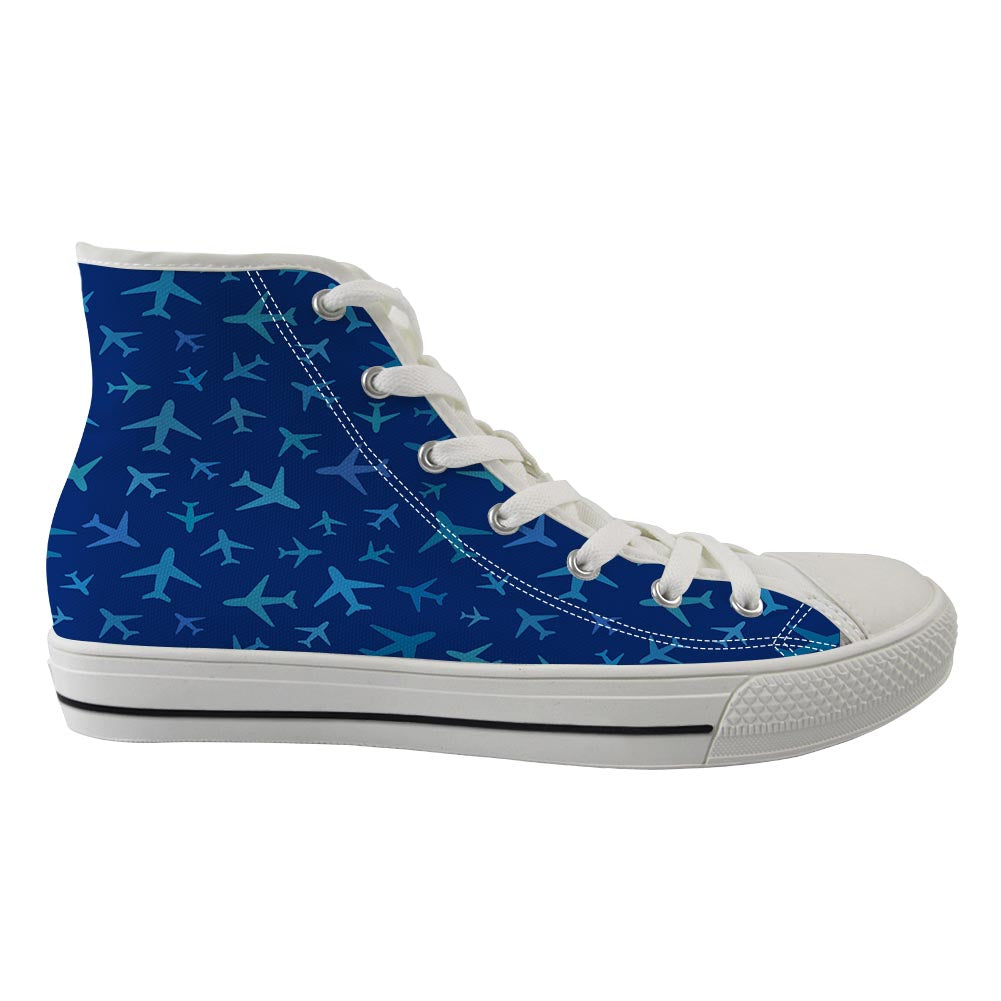 Many Airplanes Blue Designed Long Canvas Shoes (Women)