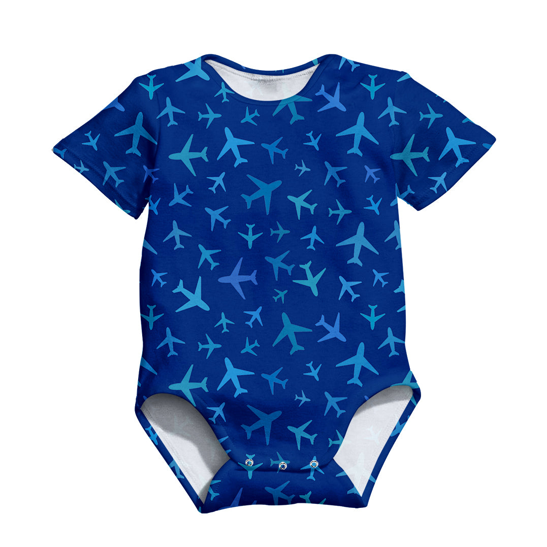Many Airplanes Blue Designed 3D Baby Bodysuits