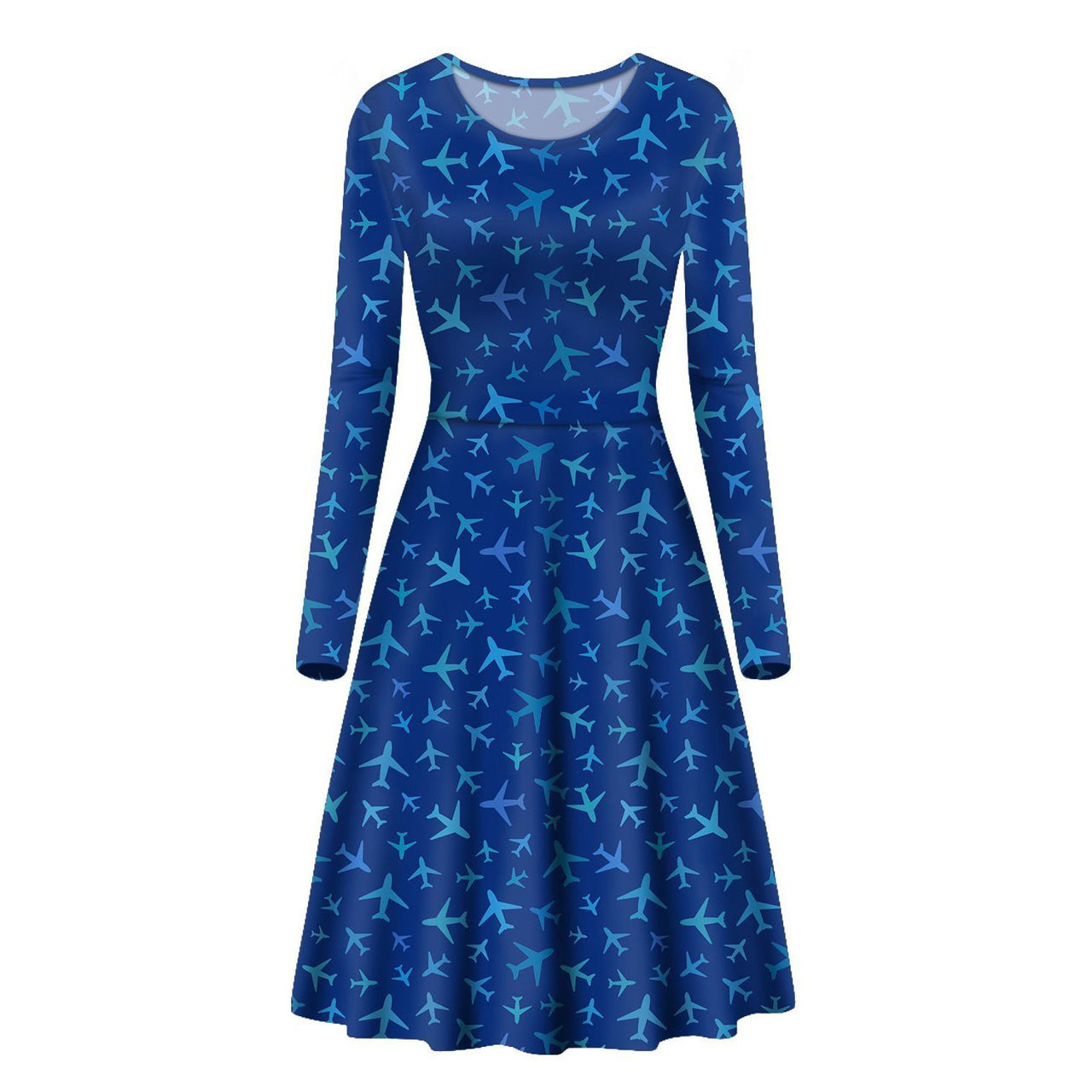 Many Airplanes Blue Designed Long Sleeve Women Midi Dress