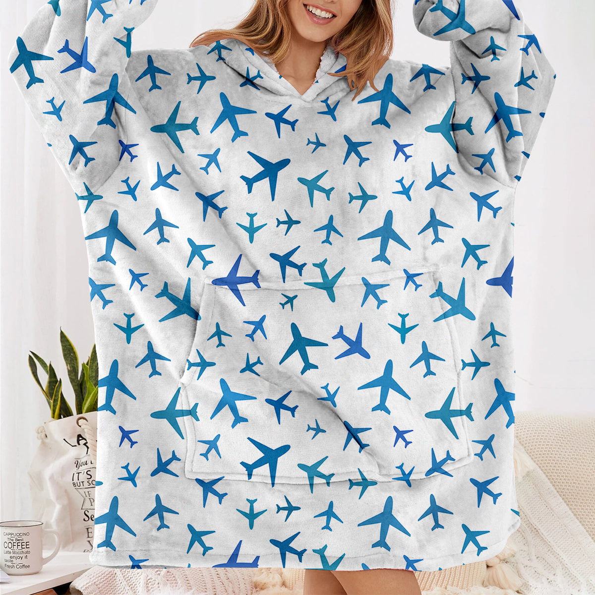 Many Airplanes White Designed Blanket Hoodies