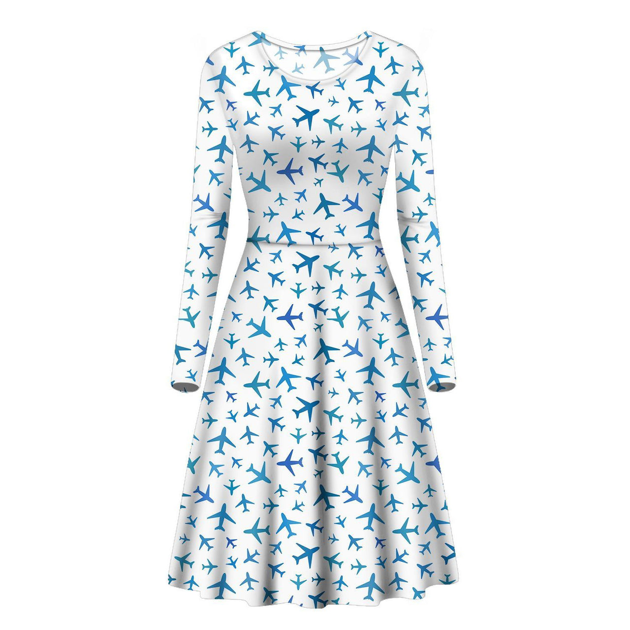 Many Airplanes White Designed Long Sleeve Women Midi Dress