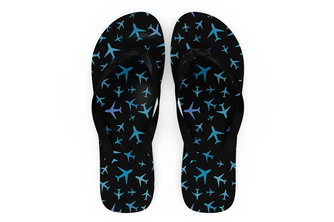 Many Airplanes (Black) Designed Slippers (Flip Flops)