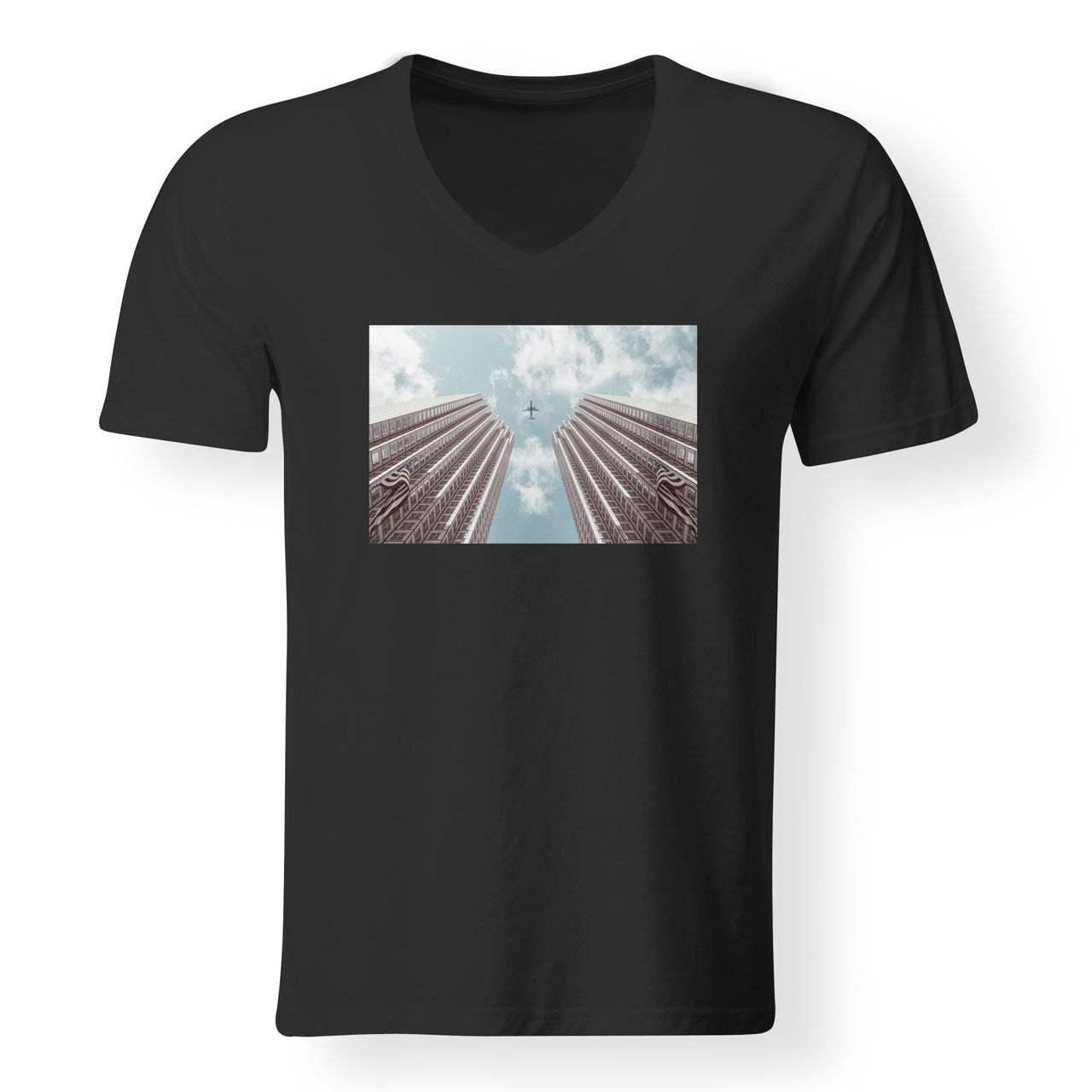 Airplane Flying over Big Buildings Designed V-Neck T-Shirts