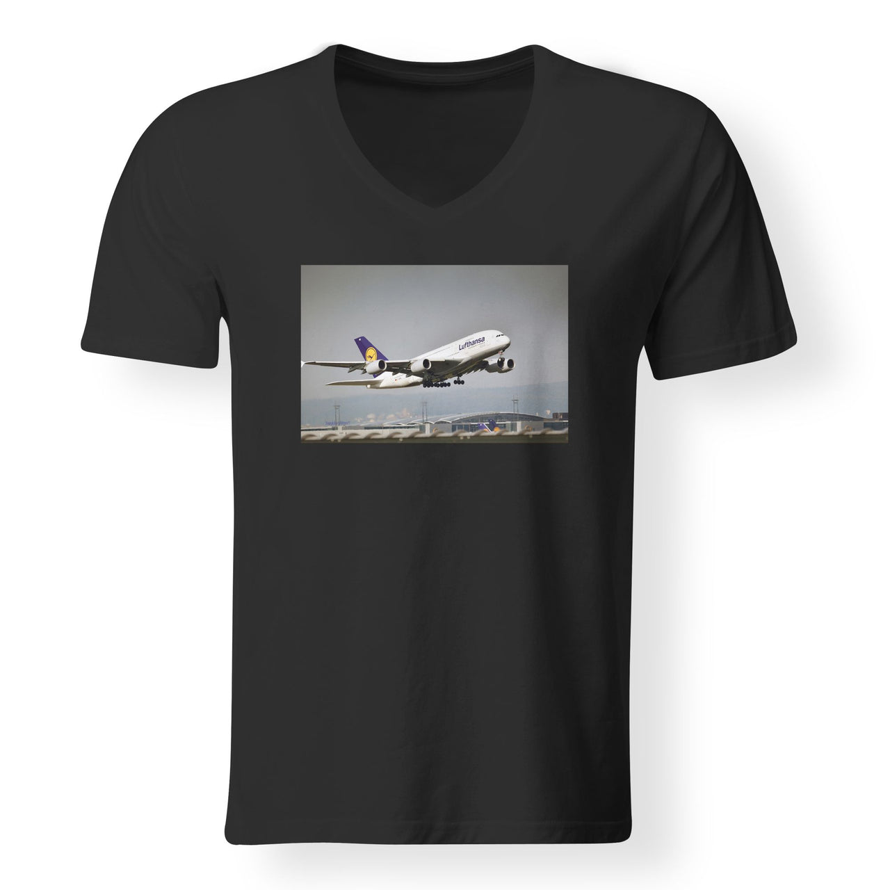Departing Lufthansa A380 Designed V-Neck T-Shirts