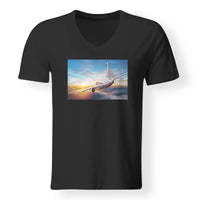 Thumbnail for Airliner Jet Cruising over Clouds Designed V-Neck T-Shirts