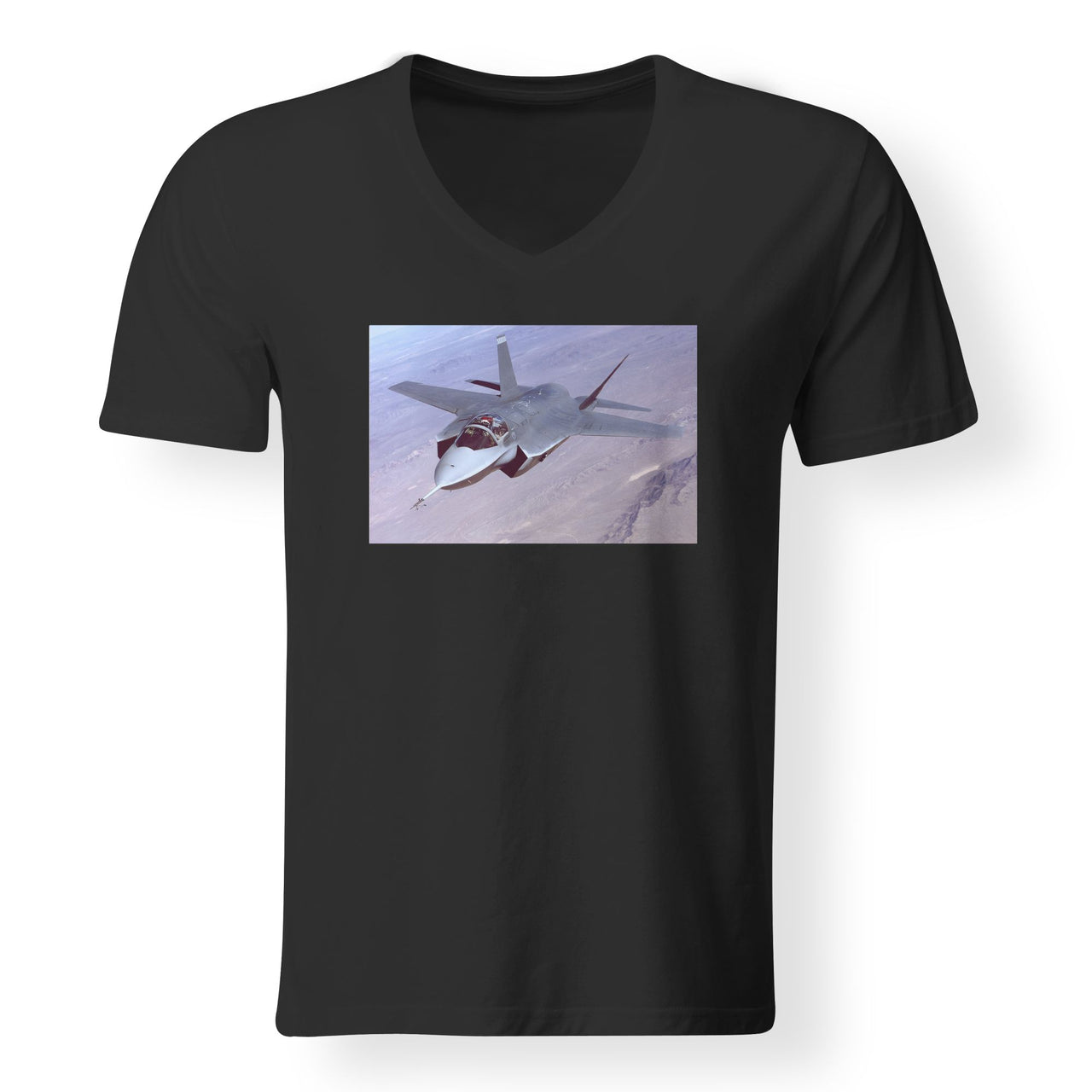 Fighter Jet 35 Captured in the Air Designed V-Neck T-Shirts