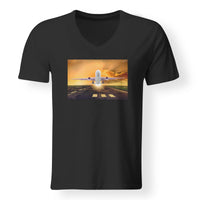 Thumbnail for Amazing Departing Aircraft Sunset & Clouds Behind Designed V-Neck T-Shirts
