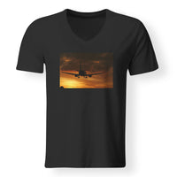 Thumbnail for Beautiful Aircraft Landing at Sunset Designed V-Neck T-Shirts