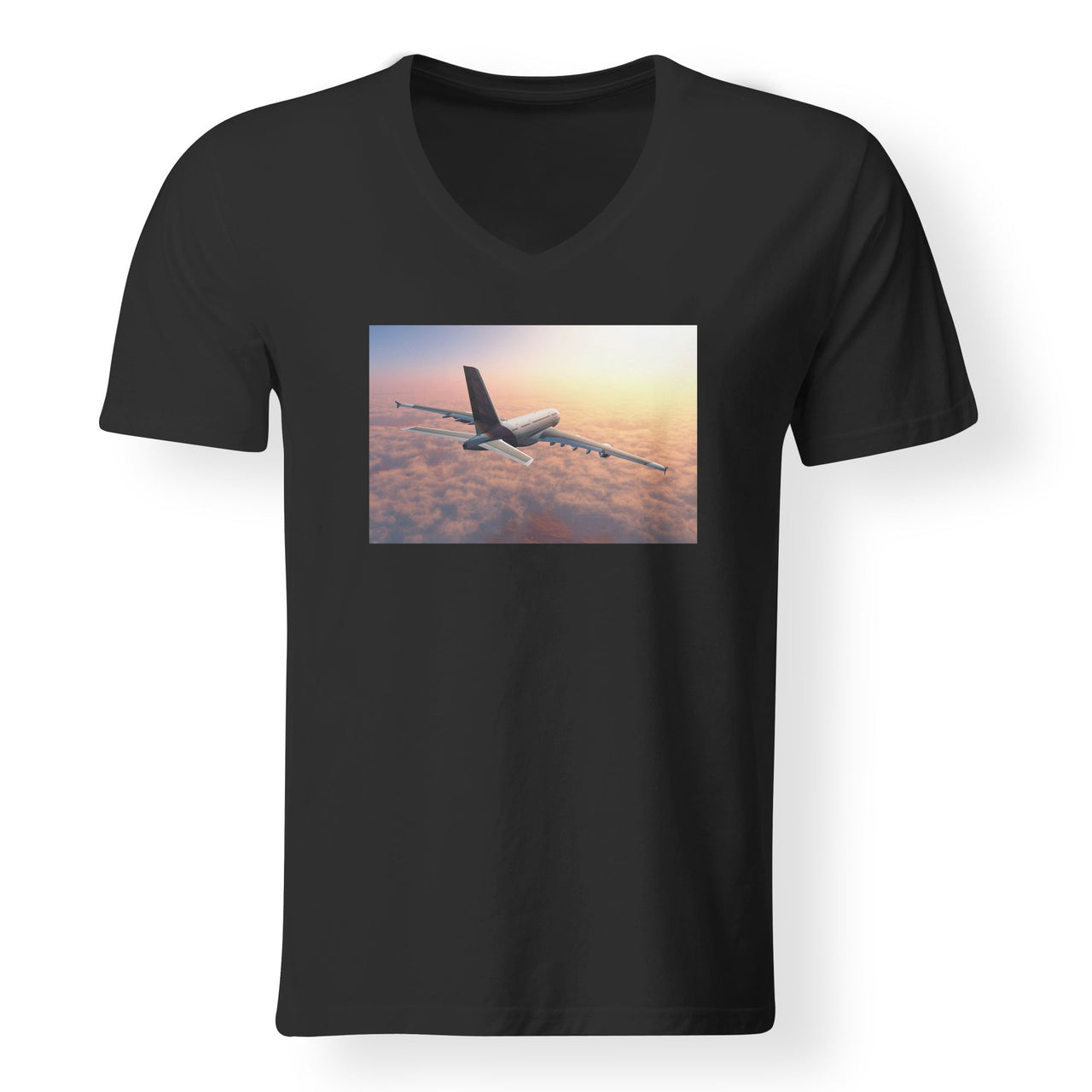 Super Cruising Airbus A380 over Clouds Designed V-Neck T-Shirts