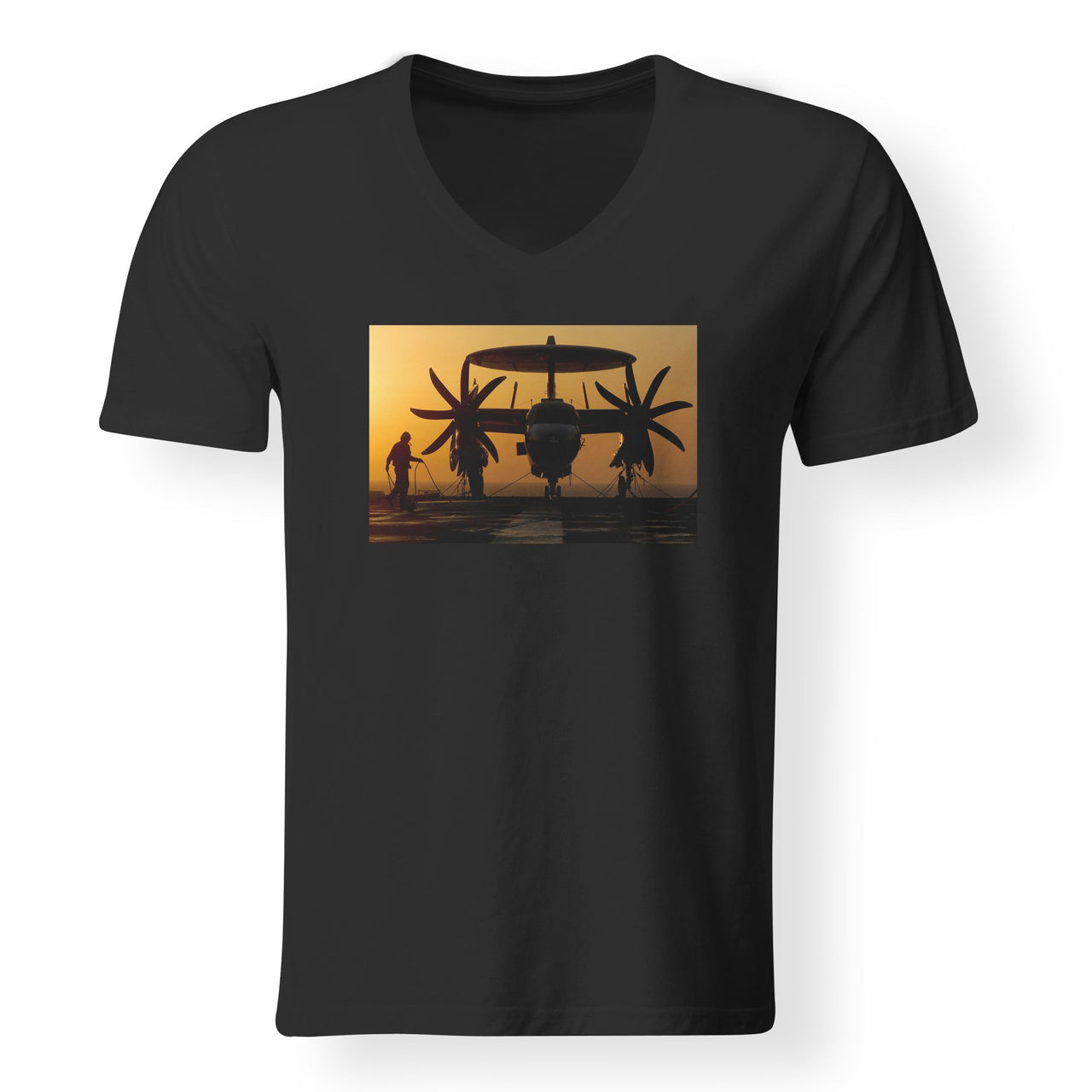 Military Plane at Sunset Designed V-Neck T-Shirts