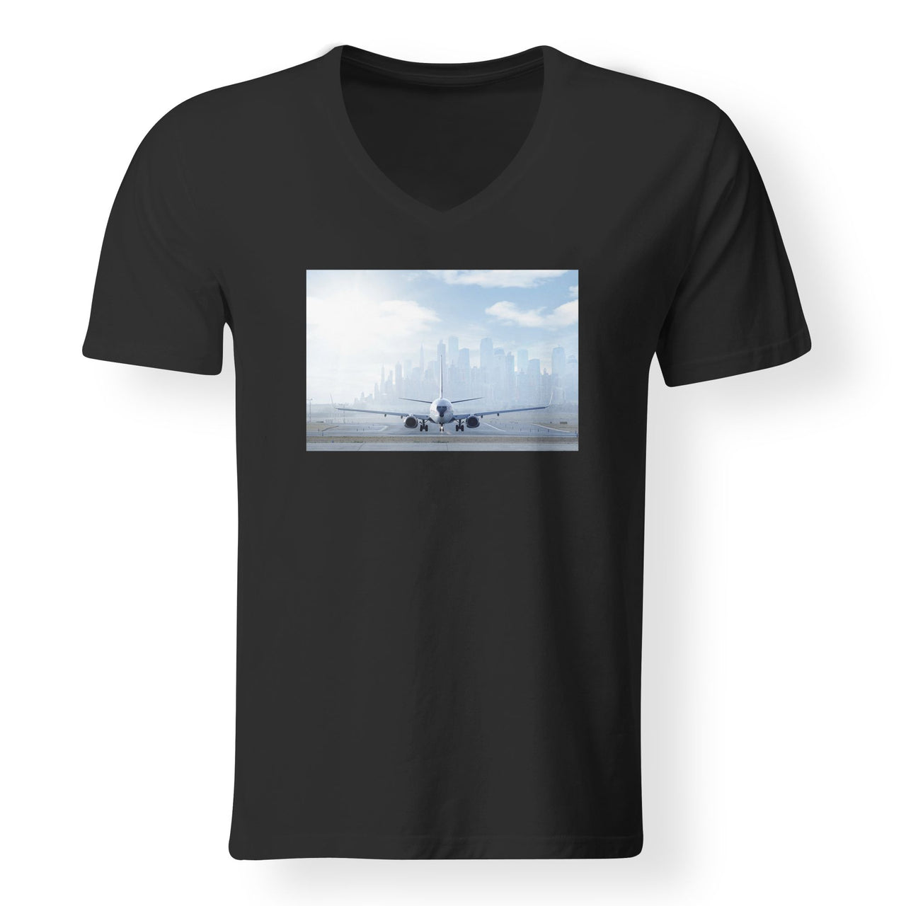 Boeing 737 & City View Behind Designed V-Neck T-Shirts