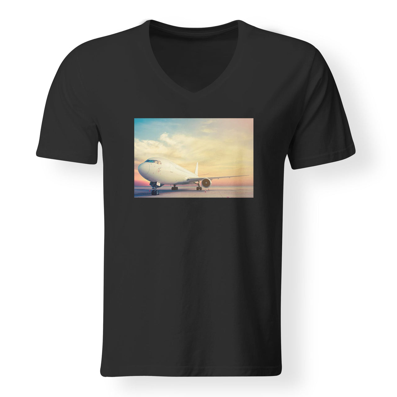 Parked Aircraft During Sunset Designed V-Neck T-Shirts