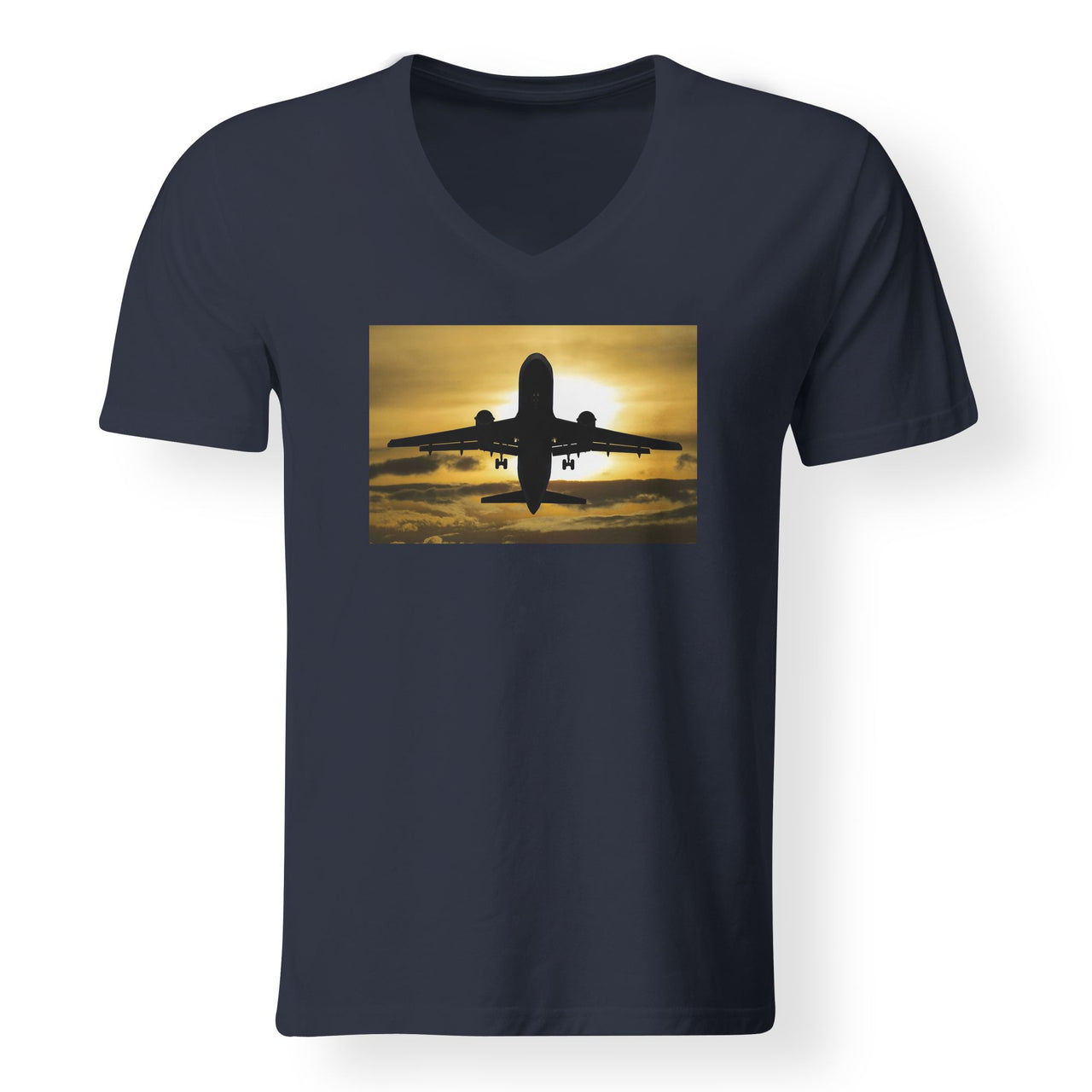 Departing Passanger Jet During Sunset Designed V-Neck T-Shirts