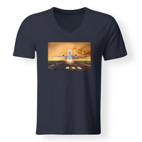 Thumbnail for Amazing Departing Aircraft Sunset & Clouds Behind Designed V-Neck T-Shirts
