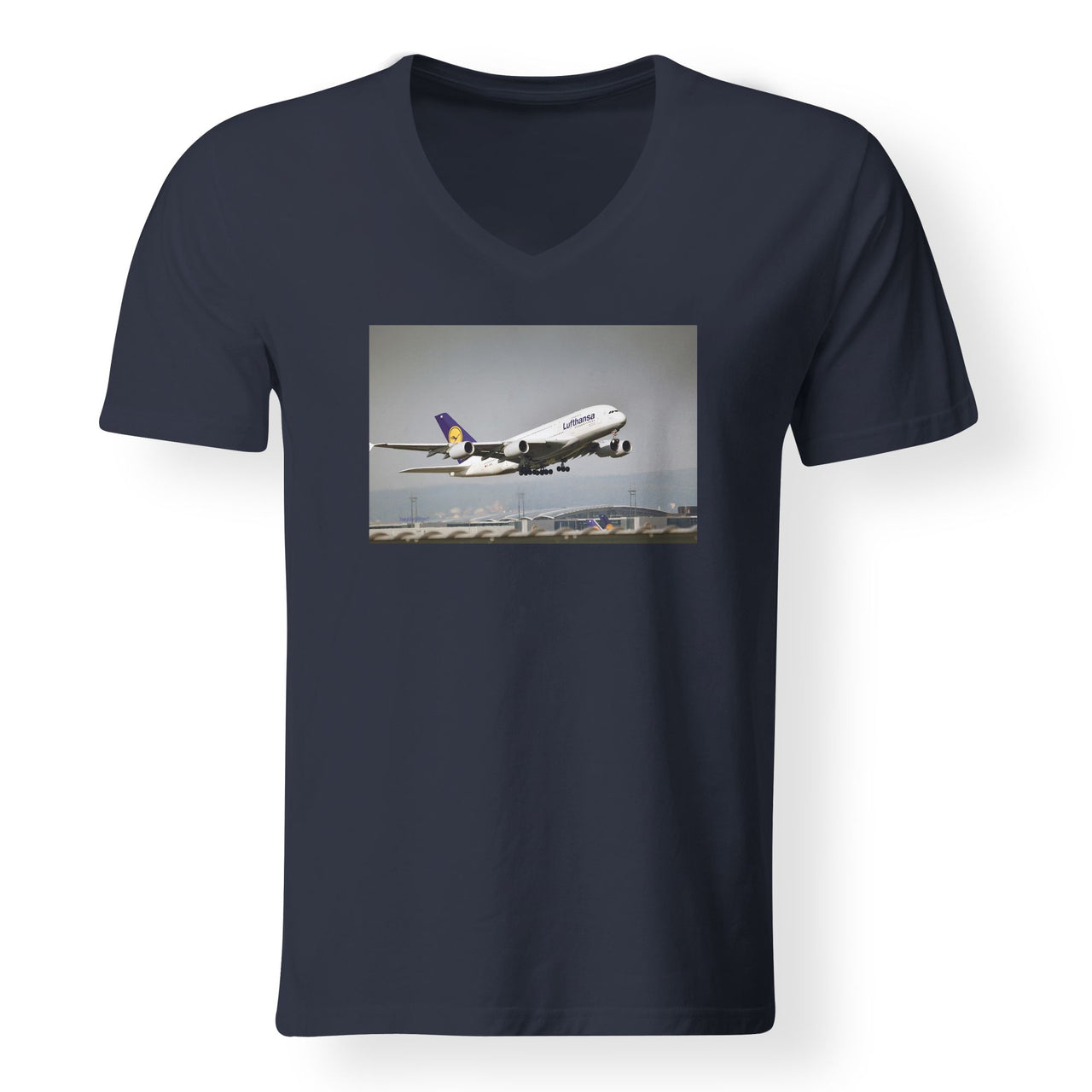 Departing Lufthansa A380 Designed V-Neck T-Shirts