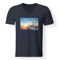 Thumbnail for Airliner Jet Cruising over Clouds Designed V-Neck T-Shirts