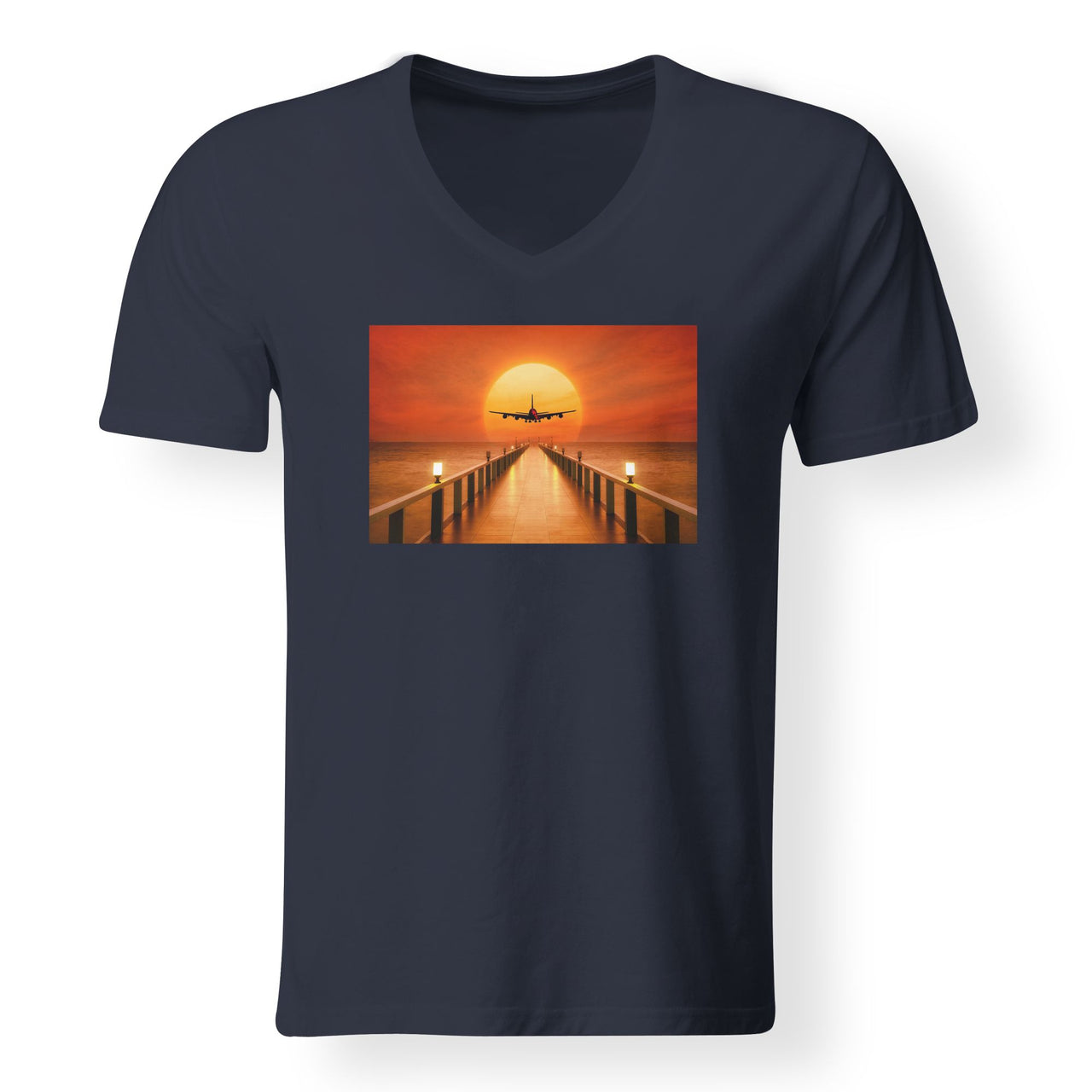 Airbus A380 Towards Sunset Designed V-Neck T-Shirts