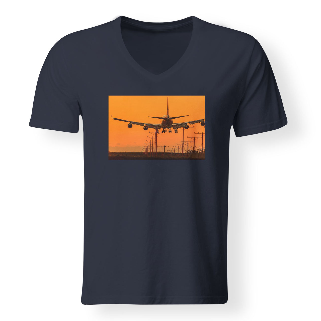 Close up to Boeing 747 Landing at Sunset Designed V-Neck T-Shirts
