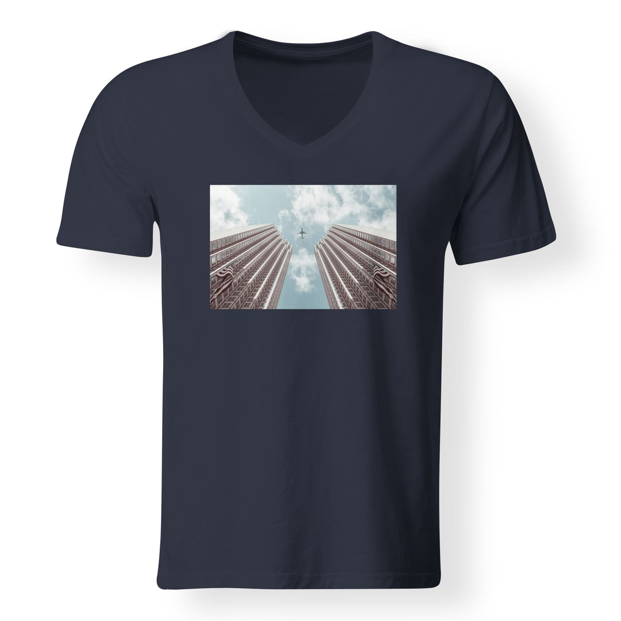 Airplane Flying over Big Buildings Designed V-Neck T-Shirts