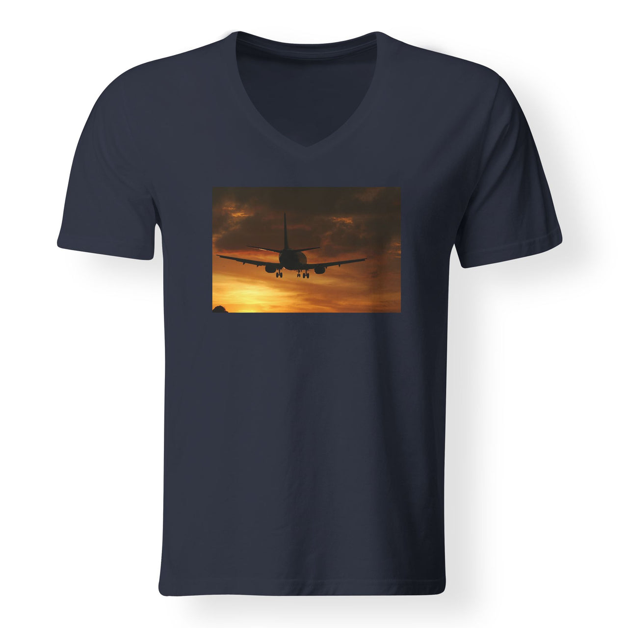 Beautiful Aircraft Landing at Sunset Designed V-Neck T-Shirts