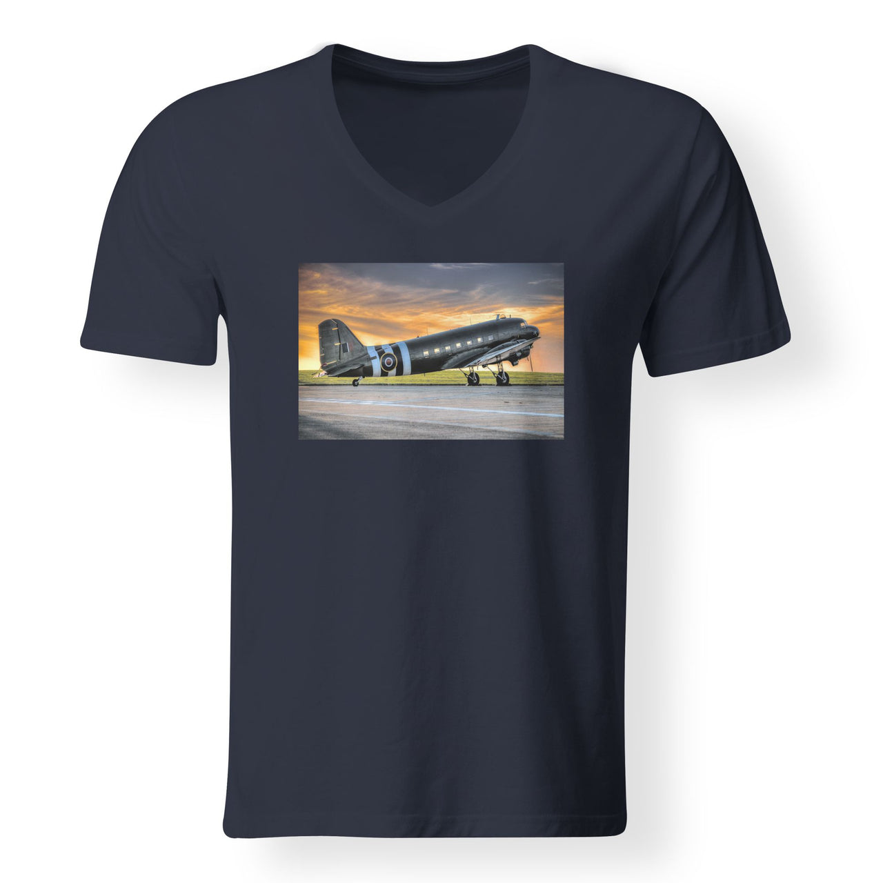 Old Airplane Parked During Sunset Designed V-Neck T-Shirts