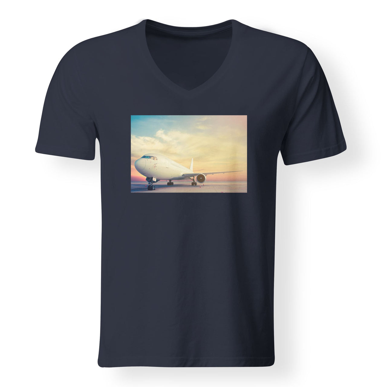 Parked Aircraft During Sunset Designed V-Neck T-Shirts