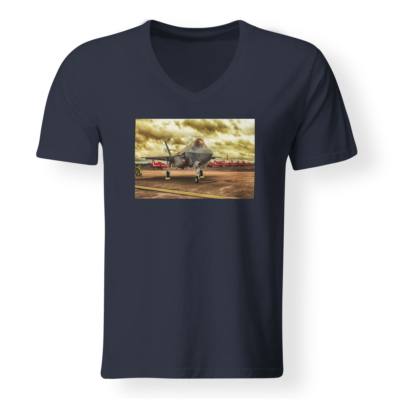 Fighter Jet 35 at Airbase Designed V-Neck T-Shirts