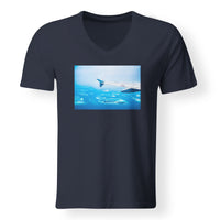 Thumbnail for Outstanding View Through Airplane Wing Designed V-Neck T-Shirts
